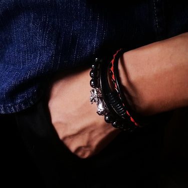 2 pc Multi-Layer Feng Shui WEALTH PIXIU, Leather & Hematite Men's Bracelet Set